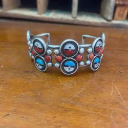 Vintage American Indian Zuni Cuff Bracelet  Sterling Turquoise Coral 