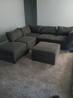 HJ model SF-CW01 six piece sectional with multiple variations. Charcoal grey cloth fabric, with pillows that unzip for cleaning.
