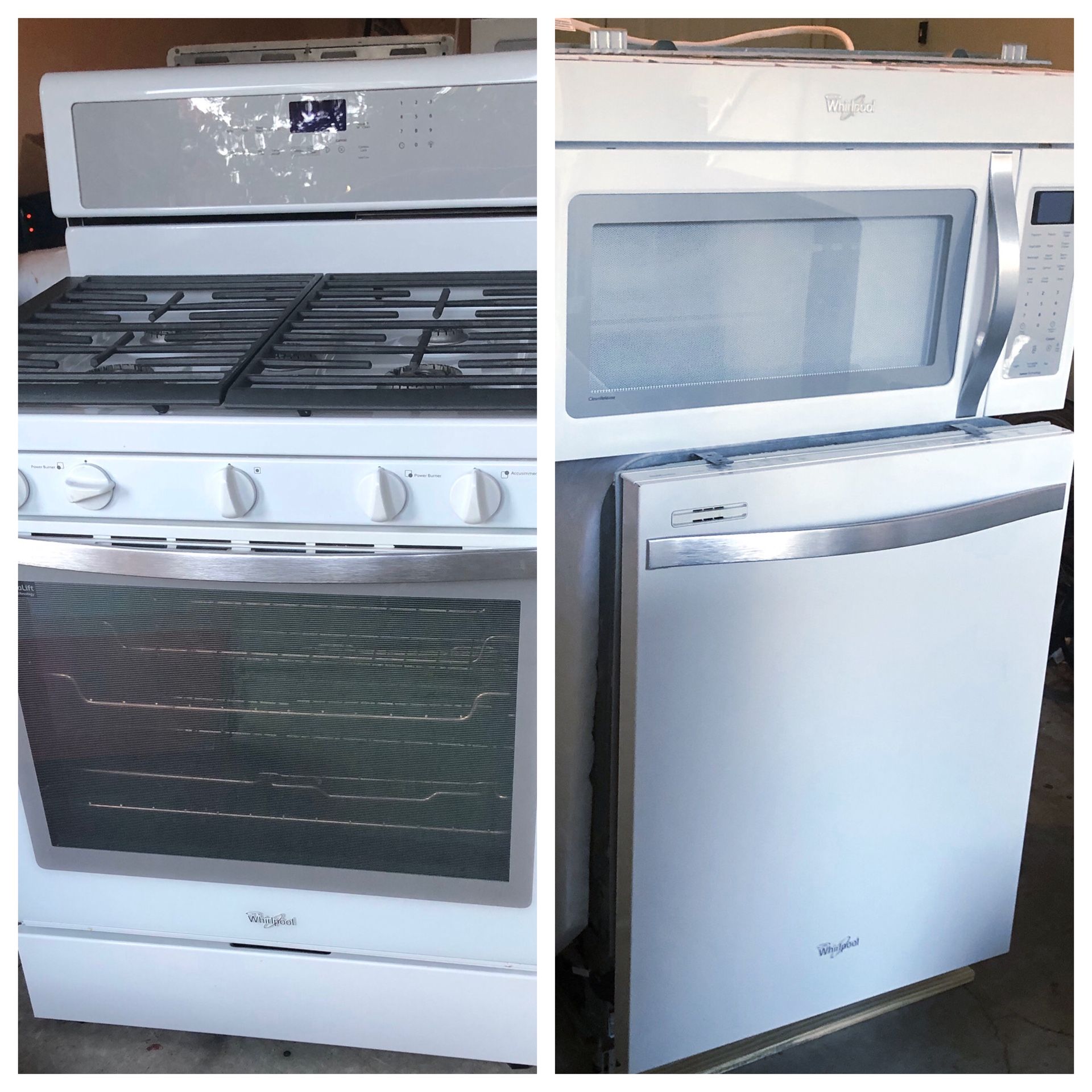 Whirlpool appliance set- dishwasher, over range microwave and gas range