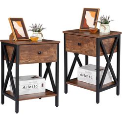  Nightstand Set of 2, Industrial End Tables with Drawer and Storage Shelf