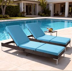 Set of2 Patio Rattan Chaise Lounge Chair Outdoor Wicker Recliner Thickened Cushion Stepless Adjustable with Gas Cylinder (Blue)
