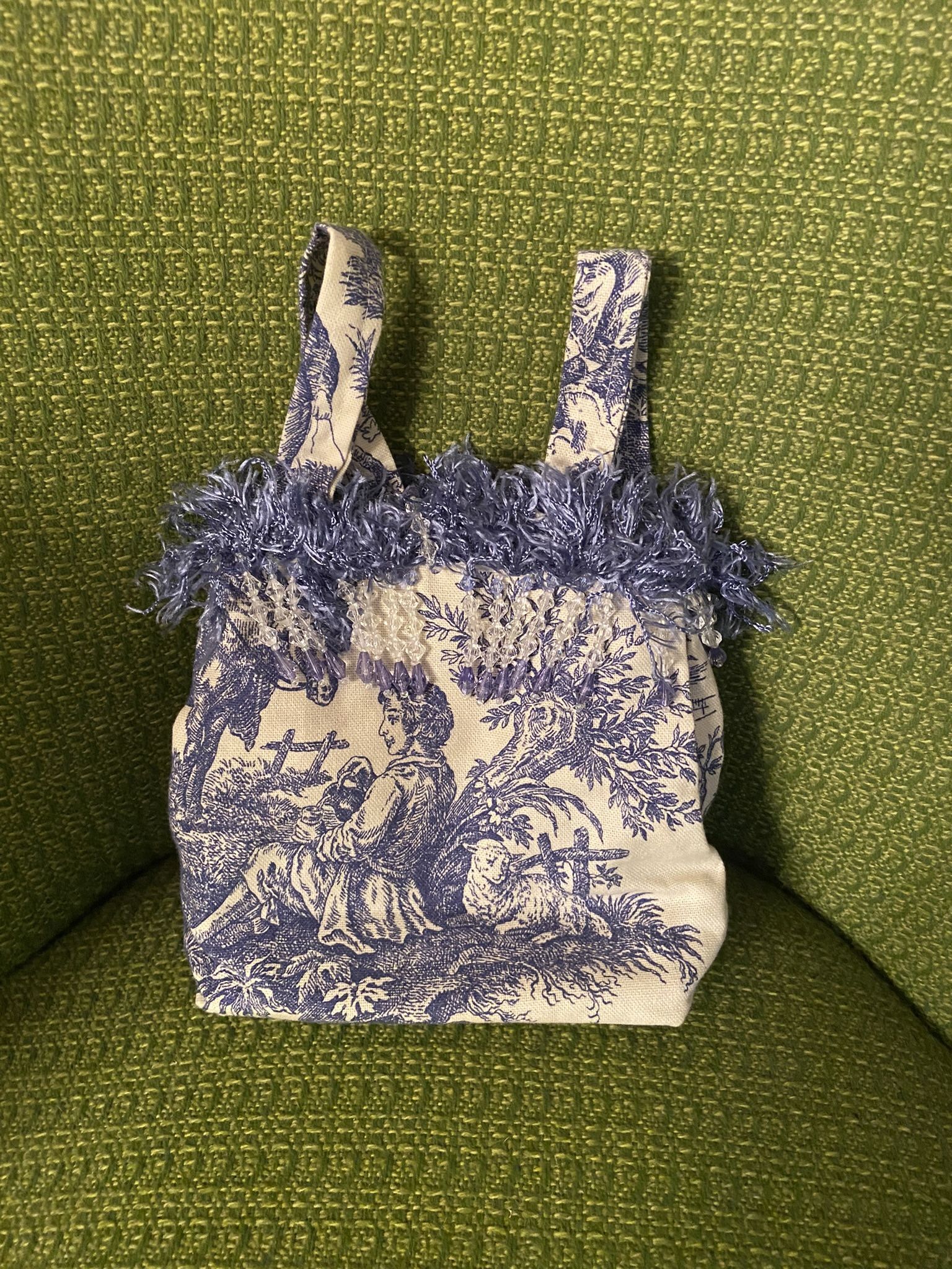 Vintage blue handbag with Asian-inspired fabric print