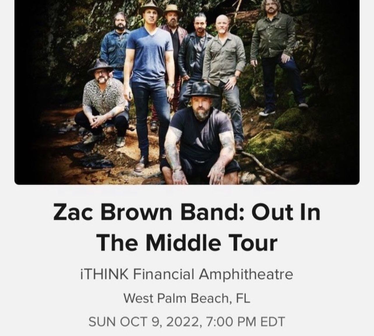 Zac Brown Band Selling (2)for Sunday, October 9th at iThink Amphitheater in WPB  MAKE AN OFFER
