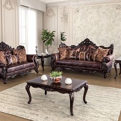 Brand New Upscale Dark Cherry & Brown Sofa & Loveseat (Pillows Included)