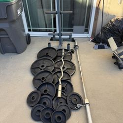 Olympic weights 360lbs total plus 45lb 7ft bar and curl bar plus weight tree