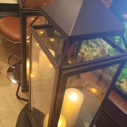 2 Lanterns WIth Battery Operated Candles And Metal Stands 