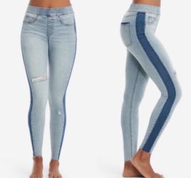 Spanx Skinny Jeans Pull On Tonal Tuxedo Side Stripe Distressed Raw Hem