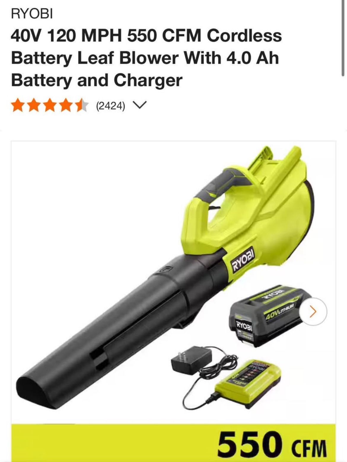 RYOBI 40V 120 MPH 550 CFM Cordless Battery Leaf Blower With 4.0 Ah Battery and Charger