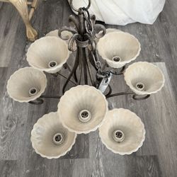 7-Light Wrought Iron Chandelier with Frosted Glass Shades