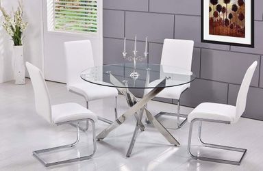 CONTEMPORARY ROUND GLASS TOP 5 PIECE DINING TABLE SET WHITE CHAIRS
