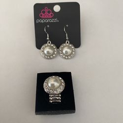 NWT Paparazzi Silver and White Dangle Earrings + Ring