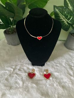 Red Heart Gold Choker Necklace and Earring Set