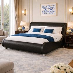 King Bed Upholstered Platform Bed Frame, Faux Leather Sleigh Bed with Adjustable Headboard, Strong Wood Slats Support, No Box Spring Needed, Black