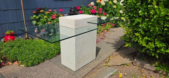 56"L. 28"W x 28"H Modern Stone Like Pedestal Glass Top Table