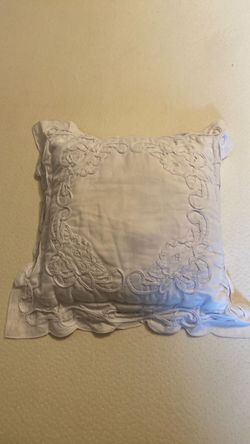 White Embroidered Decorative Throw Pillow, 15"x15" with ruffle