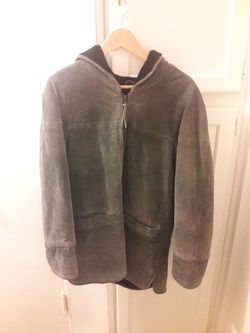 Grey leather heavy cold weather zip up jacket with hood