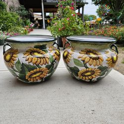 Authentic Mayolica Talavera Green Sunflower Clay Pots (Planters) Plants. Pottery $65 cada una.