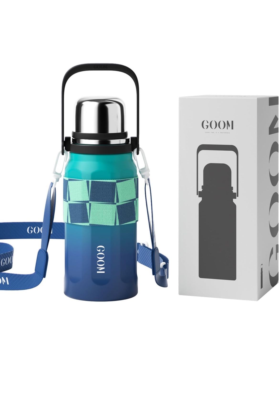GOOM The Grip 32 oz Water Bottles for Hot and Cold Drinks,18/10 Stainless Steel Insulated Water Bottle with Lid, Carrying Strap,Strainer,7-Layer Insul