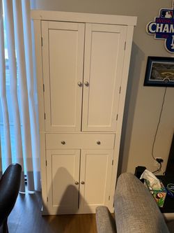 White Wood Storage Cabinet with Doors and Drawer