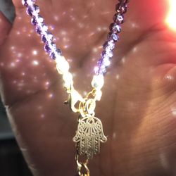 Amethyst Crystal Gold Hand hamsa Protection Bracelet With Cooper Clasp 