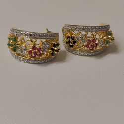 Ruby, Sapphire, Emerald And Diamond Earrings 