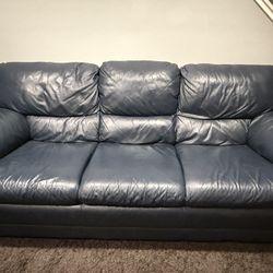 Blue Leather Sofa Couch & Chair