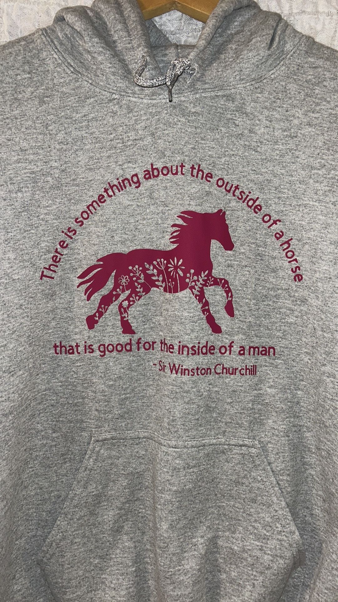 Gildan Heavy Blend: Grey Hoodie with Red Horse Graphic & Quote, Size: Medium