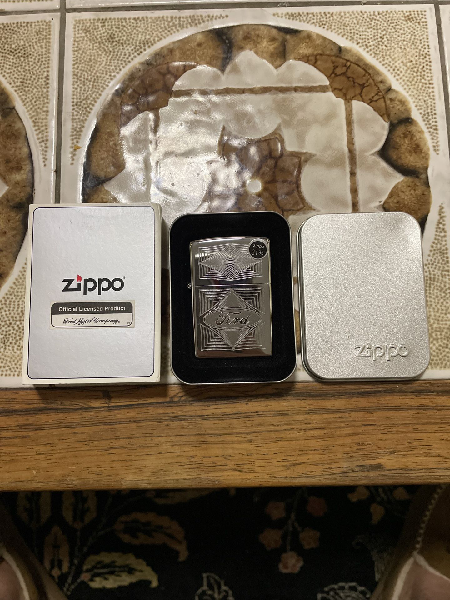 Vintage Zippo Ford Motor Company Diamond Pattern Chrome LIGHTER NEW In Tin