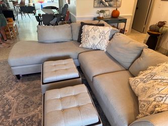 Blue Gray Fabric Sectional Sofa with Ottoman Set
