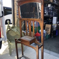 Antique Arts and Crafts Hall Tree Glove Box, Umbrella Stand, Mirror, Mahogany