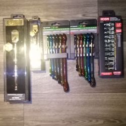 Icon And Pittsburgh 24/Carrot Plated Ratchets 1/4 " And 3/8" And Color Coded Ratcheting Wrenchs STD And Metric Etc Tools Brand New  Half Price
