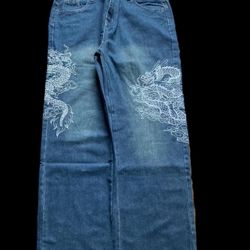 Y2K baggy dragon-embroidered jeans