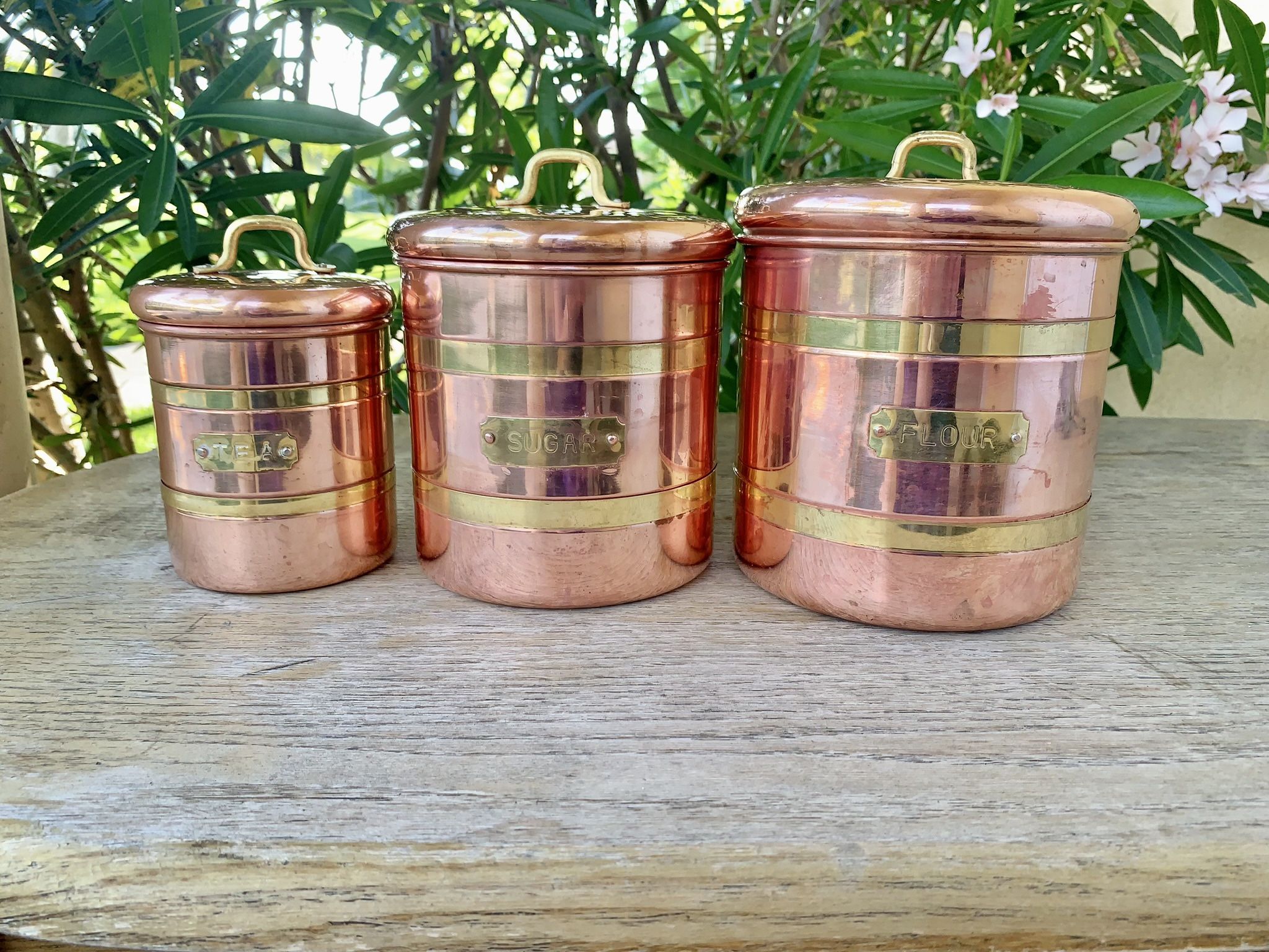 Vintage Old Dutch Decor Copper Brass Canister Set, Flour, Sugar, and Tea, Vintage Canister Set, Copper Kitchen Decor.