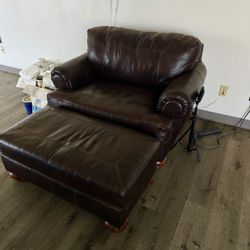 Brown Leather Armchair with Matching Ottoman