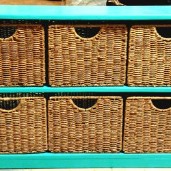 Wooden shelves with 6 woven wicker baskets for storage