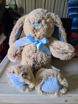 Plush Bunny Rabbit Brown Blue Bow Long Ears Stuffed Animal