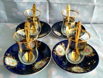 Turkish Tea Glasses & Saucers Set - Gold Trim Design