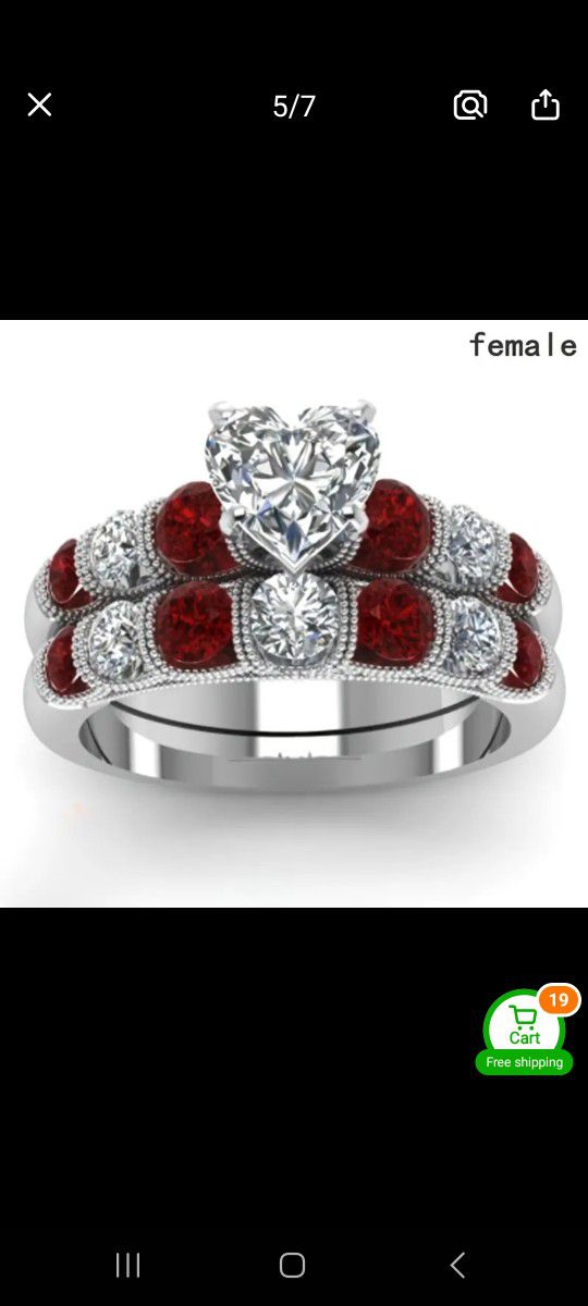 Classic Ruby Red Heart Shape 14K White Gold Plated Cubic Zirconia Women's Ring Size 9