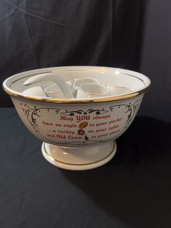 Vintage HALL China/porcelain Old crow liquor Punchbowl w/ ladle 12 Piece cup set