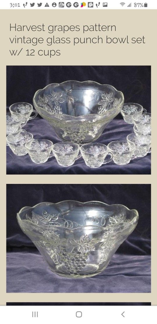 Vintage Harvest Grape Punch Bowl w/12 Cups