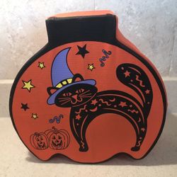 PartyLite Halloween Fabric Decor Pumpkin With Black Cat Design