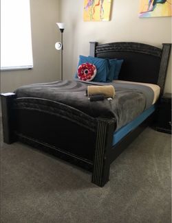 Black Wood Queen Bed Frame & mattress & nightstand