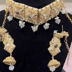 gold white Indian Jewelry engagement nikkah bollywood necklace pakistani tikka earrings 
