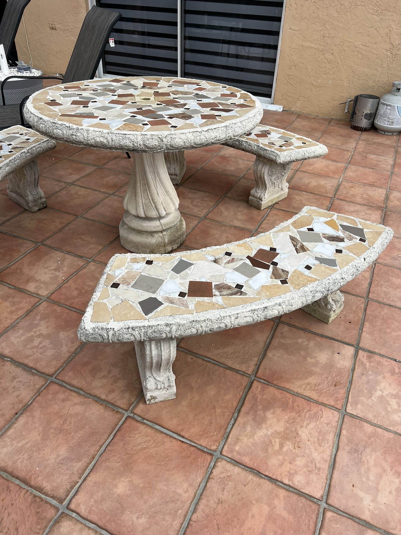 Concrete Mosiac Outdoor Patio Table with 3 Benches