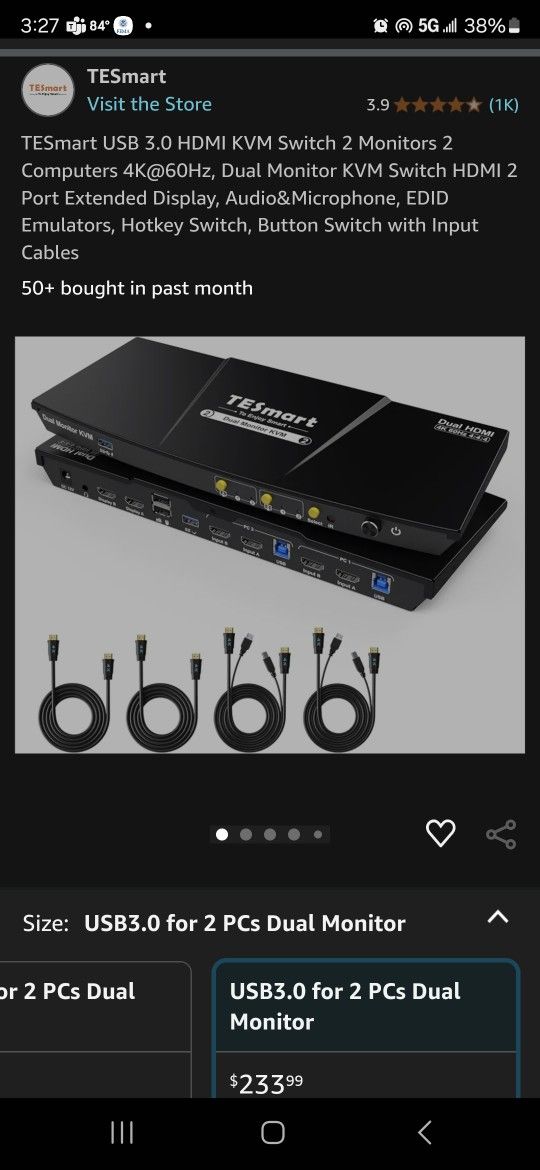 TESmart USB 3.0 HDMI KVM Switch 2 Monitors 2 Computers 4K@60Hz, Dual Monitor KVM Switch HDMI 2 Port Extended Display, Audio&Microphone, EDID Emulators