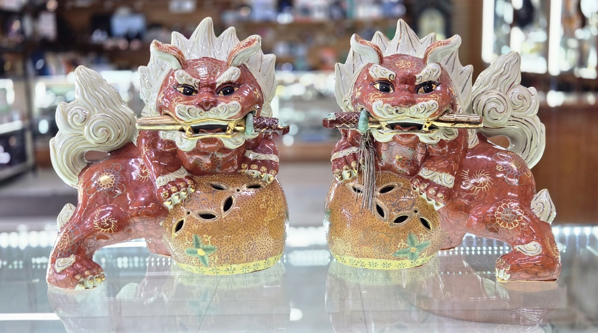 Pair of Asian Foo Dog Statues Guardian Lions Figurines Decorative Set