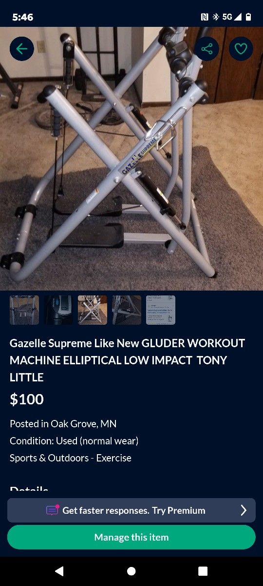 Gazelle Supreme Like New GLUDER WORKOUT MACHINE ELLIPTICAL LOW IMPACT  TONY LITTLE 