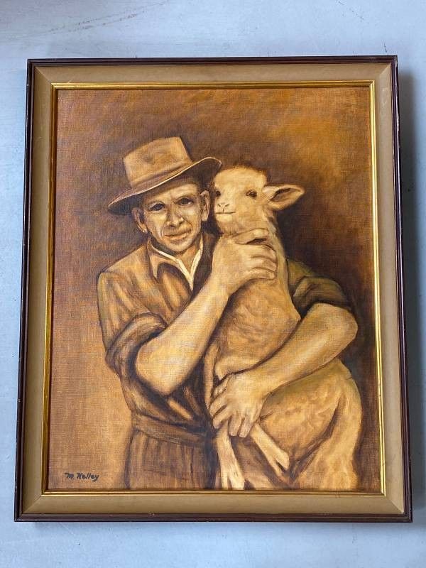 Rustic Portrait Painting by Michael Kelley – Man with Lamb, Canvas & Vintage Frame