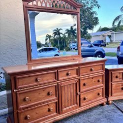 Solid Wood Dresser With Mirror & Matching Nightstand