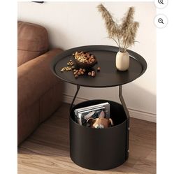 End Table Round Sofa Side Table with Iron Storage Basket Small Coffee Tables Nightstand Bedside Table for Living Room Bedroom Metal-Black